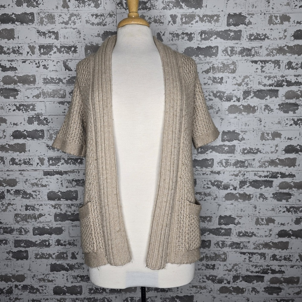 Banana Republic Sweater Womens Sz L Beige Open Front Knit Cardigan Alpaca Wool
